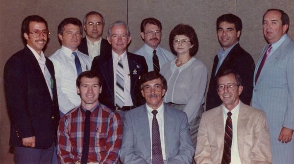 Louisiana Mosquito Control Association Board of Directors, 1987
Roger Nasci (McNeese State University), Ed Bordes (New Orleans Mosquito Control), Charlie Anderson (Louisiana Dept. of Health and Hospitals)
Back row left to right: Lucas Terracina (Calcasieu Parish Mosquito Control), Johnny Billodeaux (Jefferson Davis Parish Mosquito Abatement), Lamar Meek (Louisiana State University), Harold Chapman (USDA), Matt Yates (East Baton Rouge Mosquito Abatement and Rodent Control), Bonnie Broussard (Vermilion Parish Mosquito Control), Chuck Palmisano (St Tammany Parish Mosquito Control), Matt Dakin (University of Southwest Louisiana)